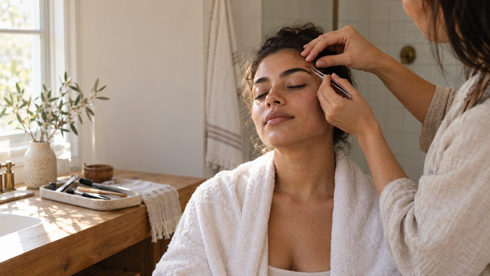 Beauty artist shaping a client's brows at home