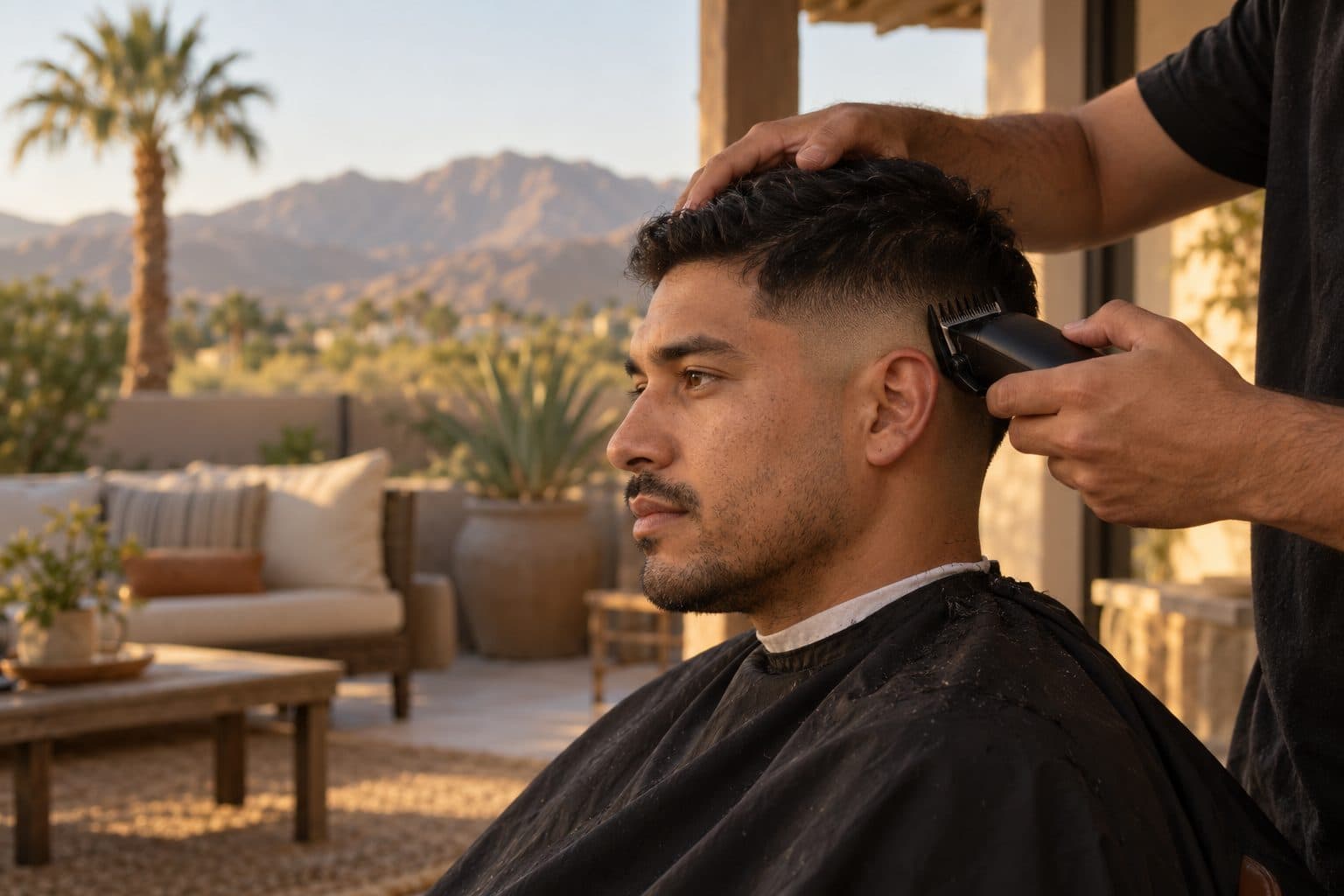 Barber fading a man's hair on a backyard patio