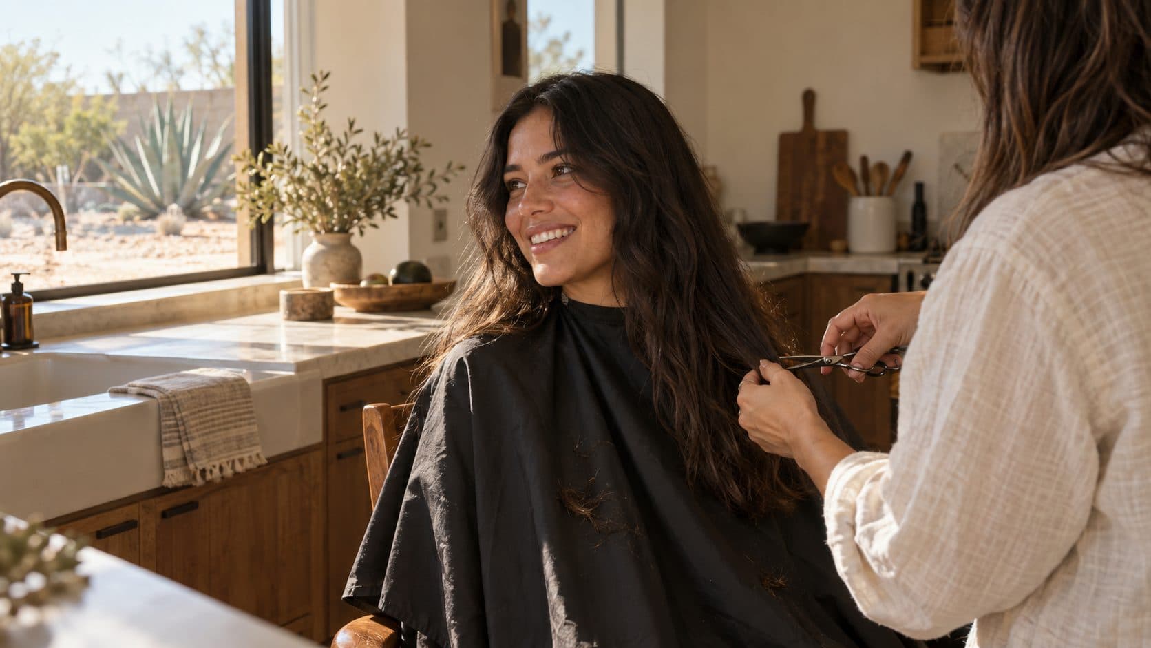 Stylist trimming a woman's hair in her kitchen