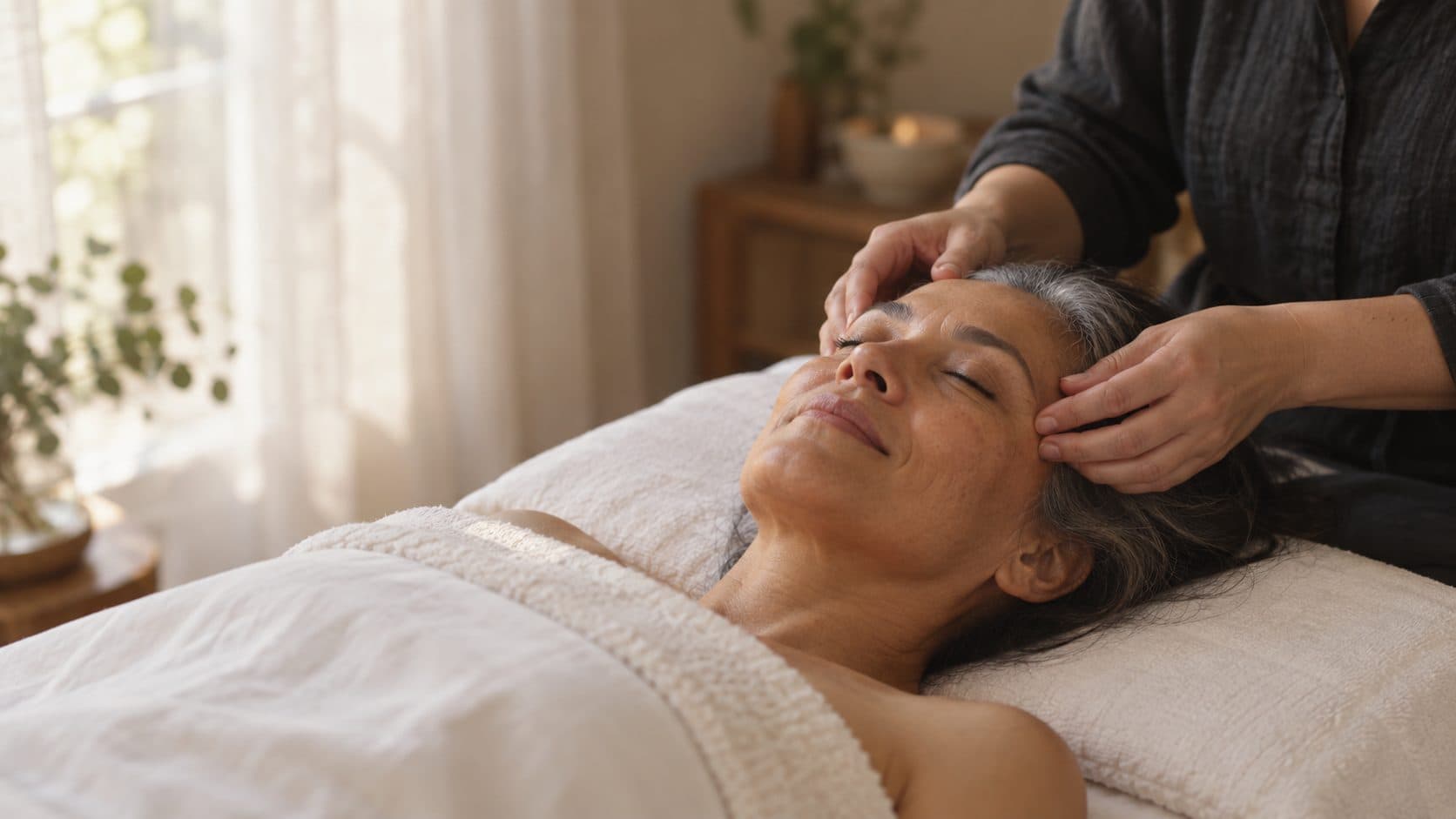 Client relaxing face up while a therapist massages her temples